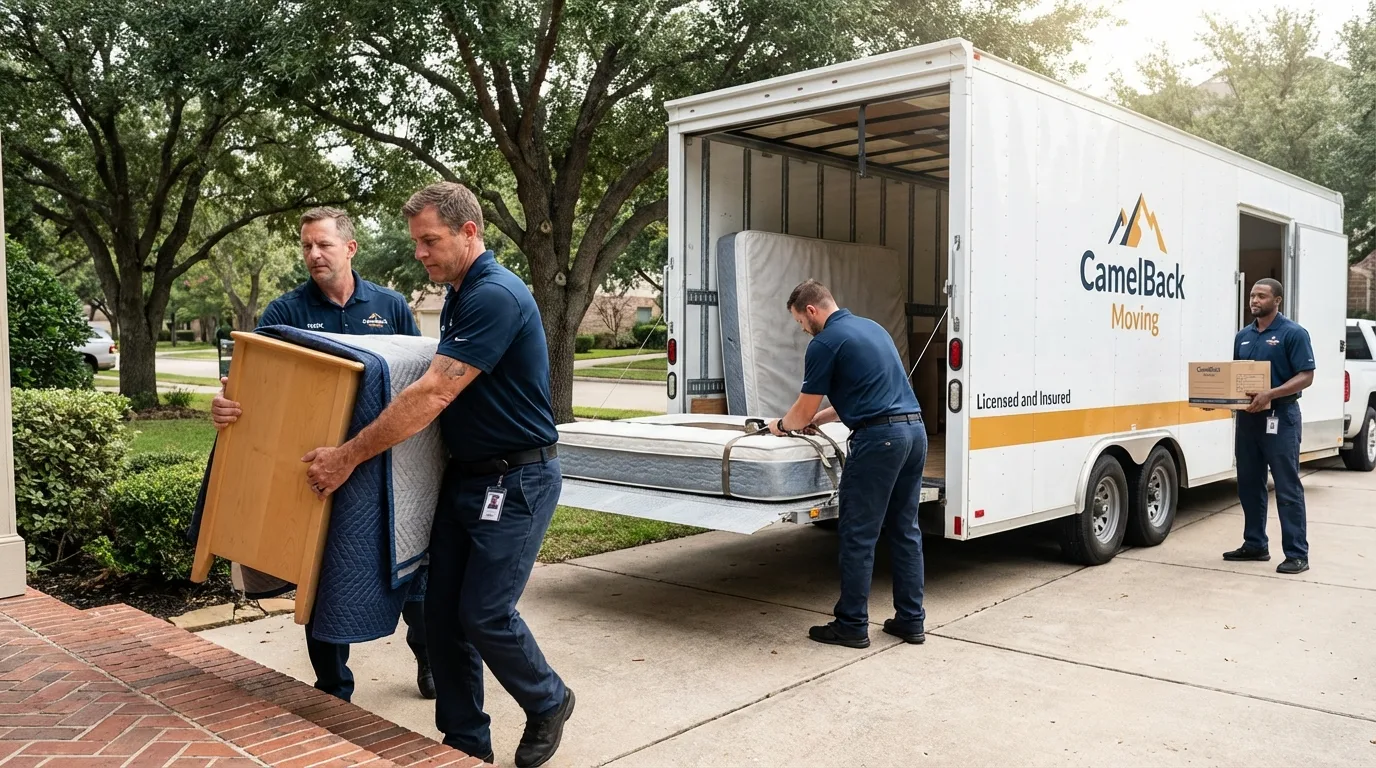Crew loading residential truck for cross-state move from Independence, WI