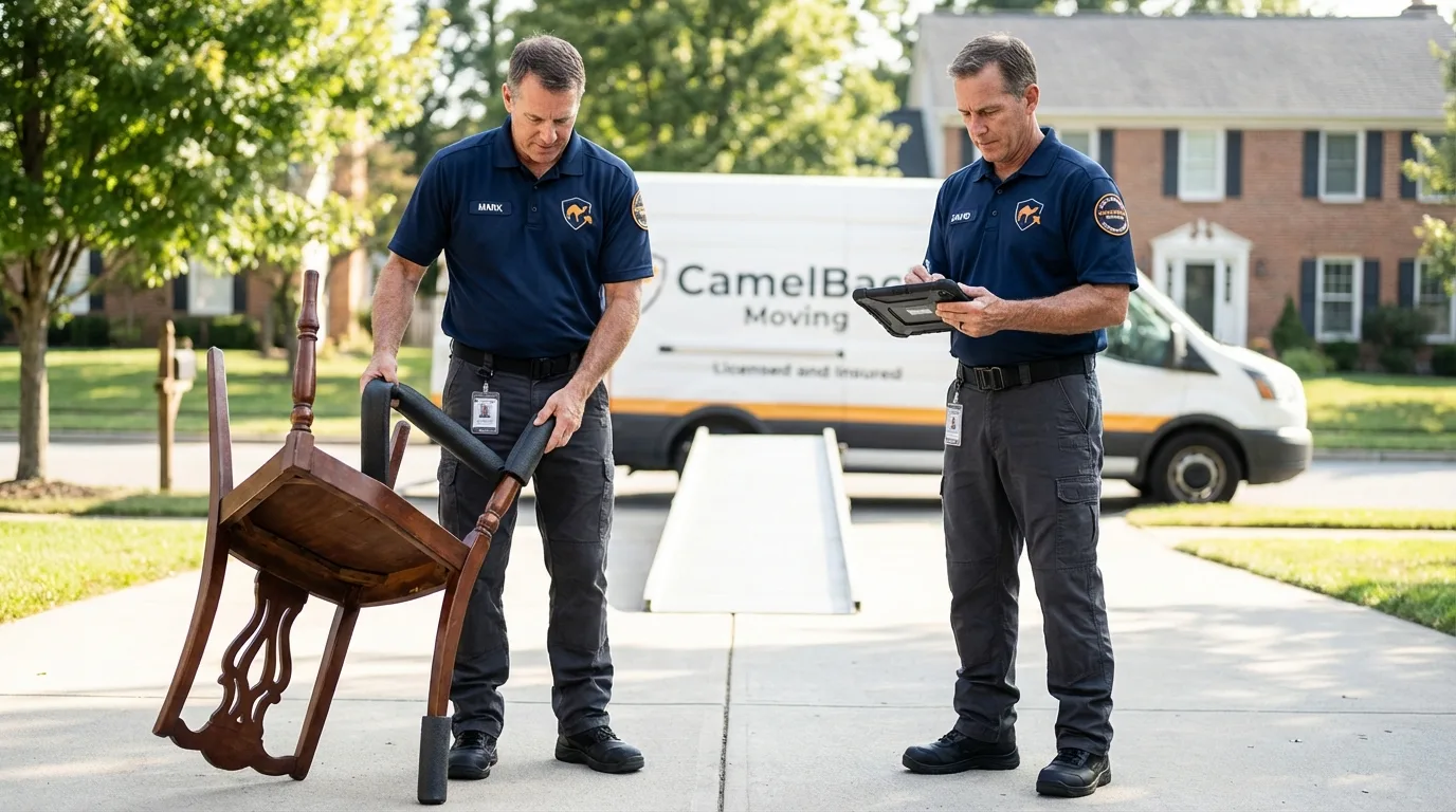 Movers inspecting furniture for damage prevention before loading in Independence, WI