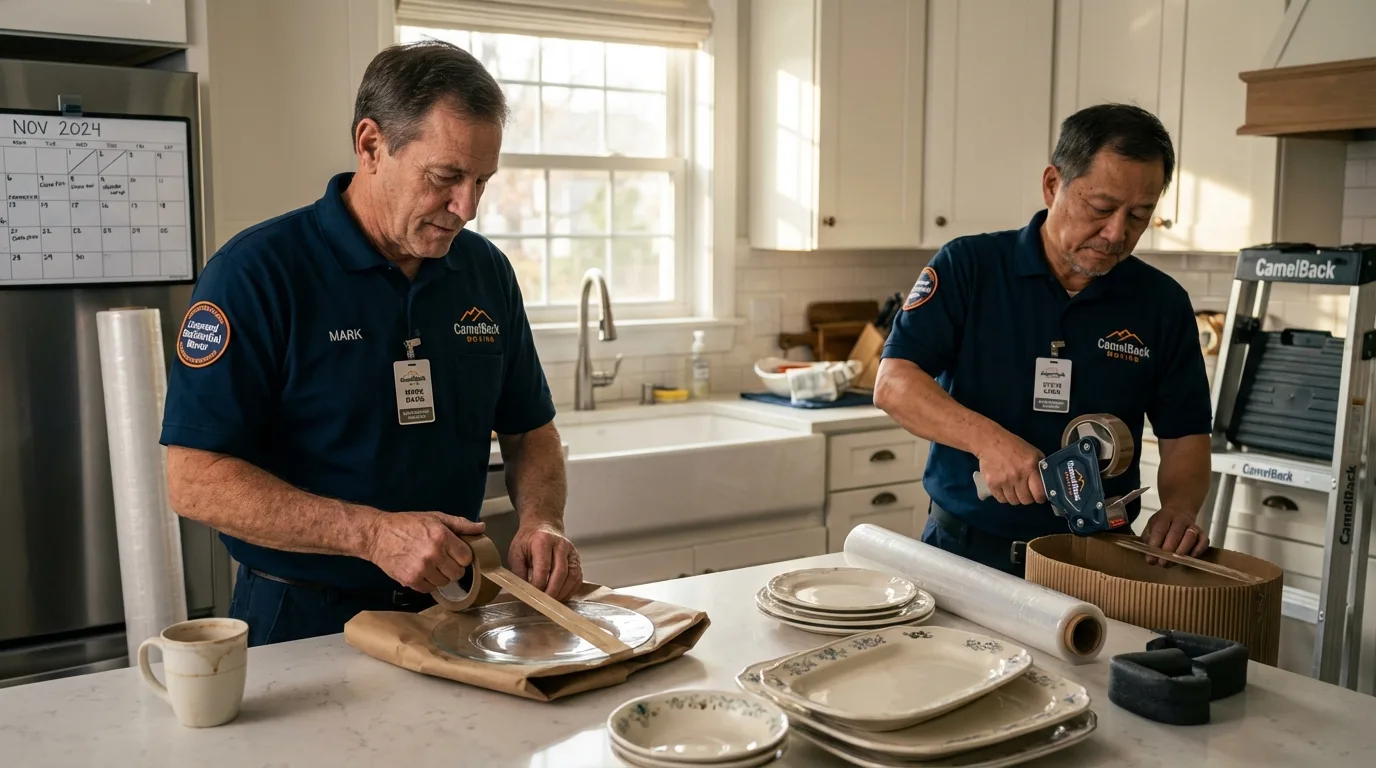 Professional crew packing kitchen dishware in Independence, WI